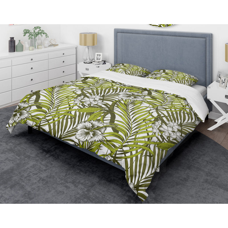 Modern & Contemporary Polyester Twill Geometric Shapes Duvet Cover, King Duvet Cover + 2 Shams, Tropical Leaves I