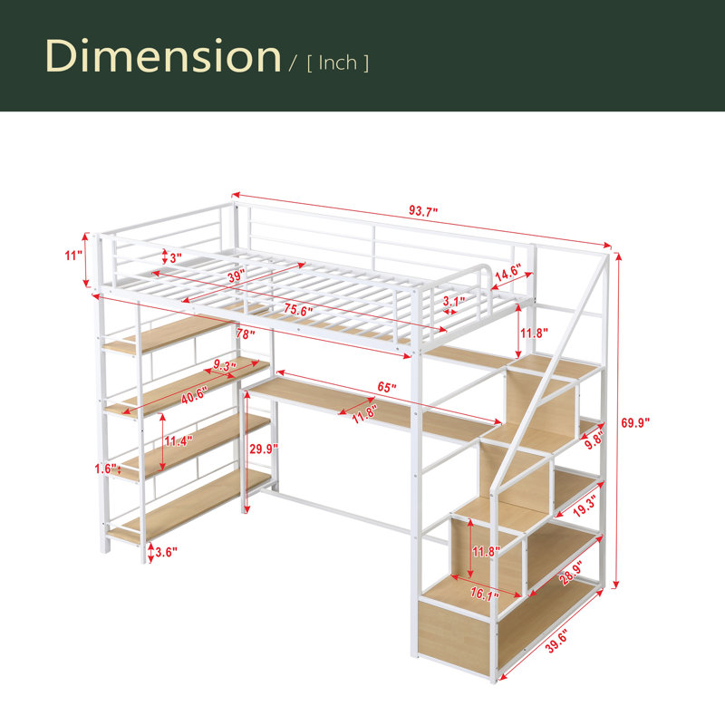 Lit mezzanine simple en métal avec escalier, bureau intégré et tablettes de rangement