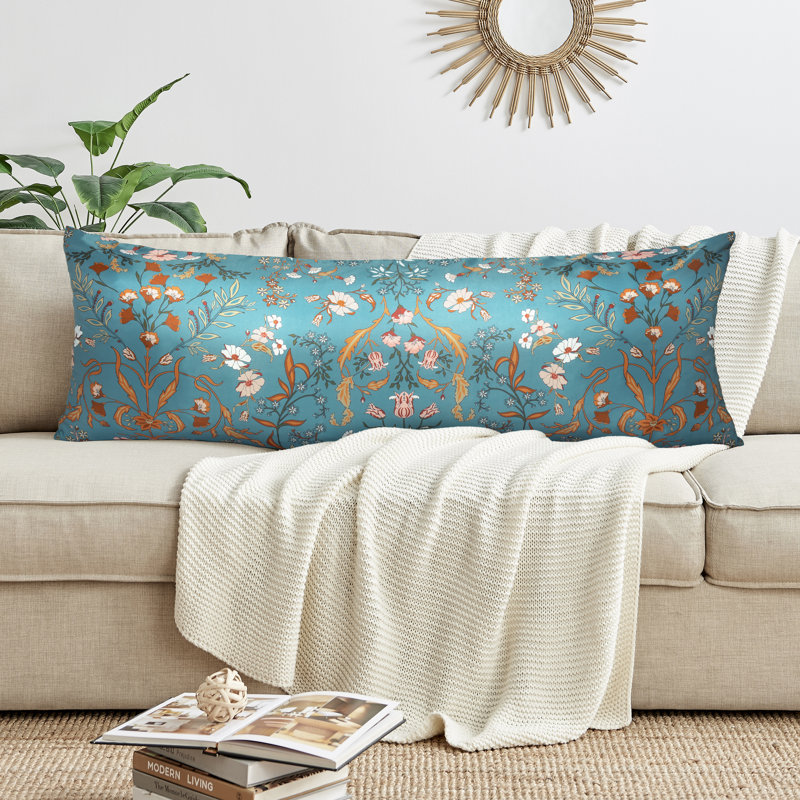 Boho Floral Wildflower Blue and Orange Brushed Microfiber Satin Body Pillow Cover Case 54x20 (Pillow Not Included)