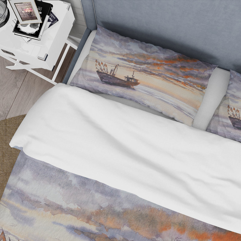 Bateau de pêche en bois sur la côte baltique - Ensemble de housse de couette nautique et côtier - Polyester en microfibre