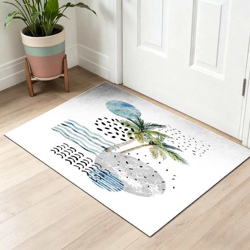 Tapis bleu à motif abstrait d'été lavable à la machine avec palmiers, Rectangle 32 po x 47 po