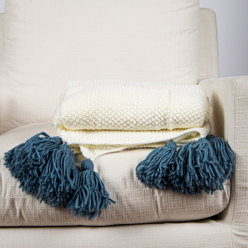  Jeté en tricot Big Tassel, bleu