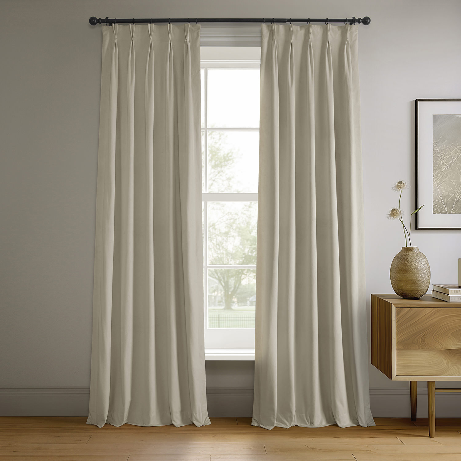 Balone Velvet French Pleat Blackout Curtain, Neutral Ground, 25" W x 96" L