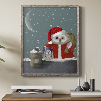 «Christmas Santa Owl», reproduction encadrée - bois massif