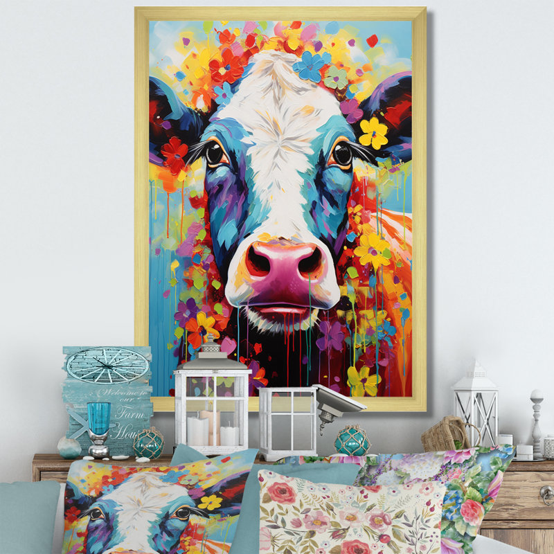 Vache fantaisie - art mural, Cadre doré simple, H 44 po x l 34 po x P 1,5 po