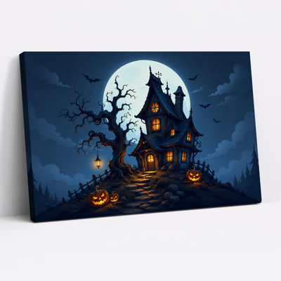 Haunted House With Glowing Pumpkins And Bats Halloween Canvas Wall Art