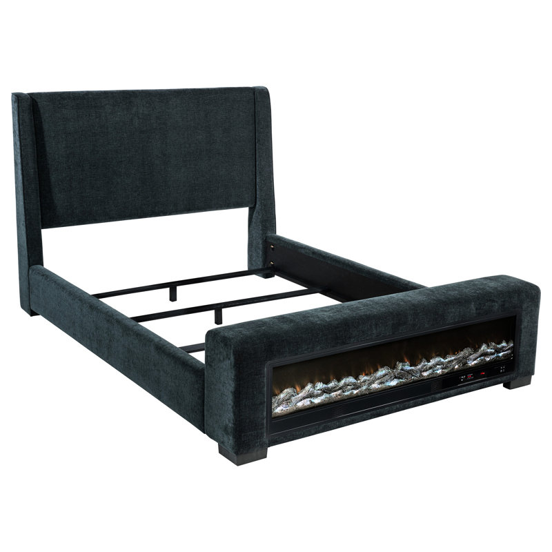 Très grand lit tapissier bleu foncé avec diffusion audio, luminosité réglable, télécommande sans fil et visualisation de la flamme 13 couleurs personnalisables pour tissu de chambre à coucher, télécommande, haut-parleur, - couleur