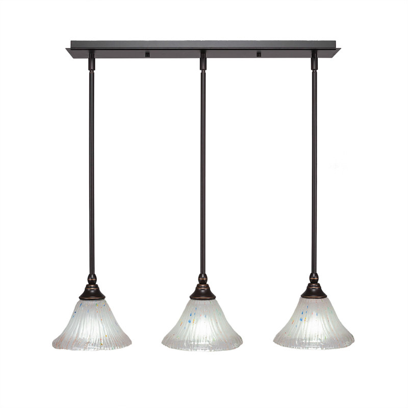 3 Light Stem Hung Linear Pendalier Shown With 7" Teal Crystal Glass, Dark Granite, Clear, 6.5" H x 27" W x 7" D