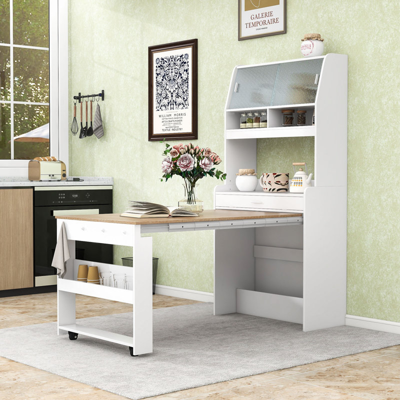 Buffet huche avec table de salle à manger pliable, tablettes, crochets et portes coulissantes en verre, Naturel / Blanc
