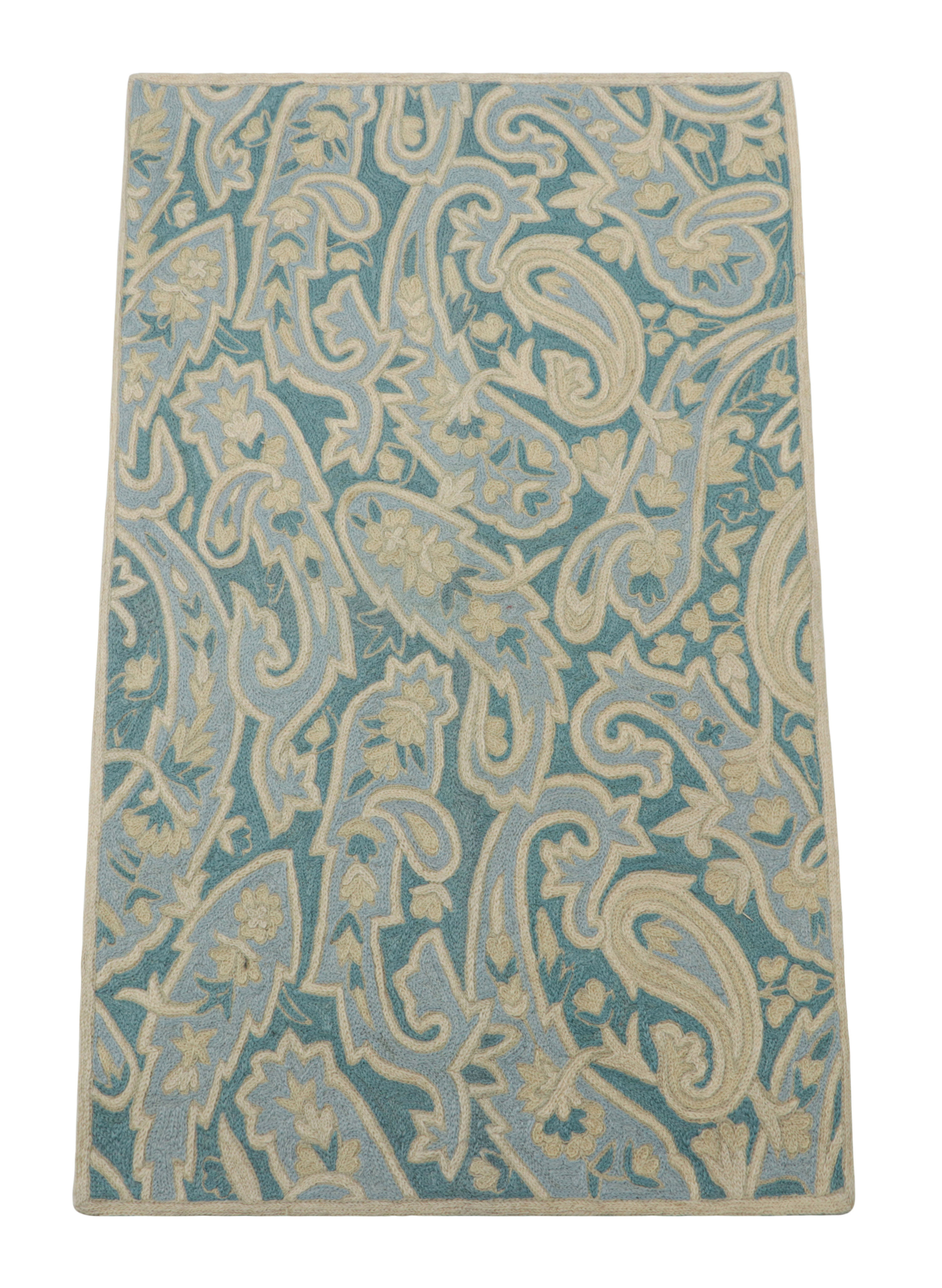 Rug & Kilim’S Contemporary Chain Stitch Rug In Blue With Cream Floral ...