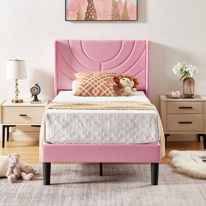 Twin Size Velvet Bed Frame with Wingback Headboard, Upholstered Platform Bed with Wing Side Channel Tufted Headboard, Solid Wooden Slats Support, No Box Spring Needed, Noise Free, Pink