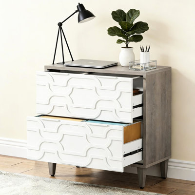 2 armoires de rangement polyvalentes pour la maison et le bureau, pouvant accueillir des dossiers légaux, de format lettre et A4, un design chic gris-blanc, un panneau de particules résistant à l'eau E0, une stabilité avec des pieds réglables et des tiroirs spacieux