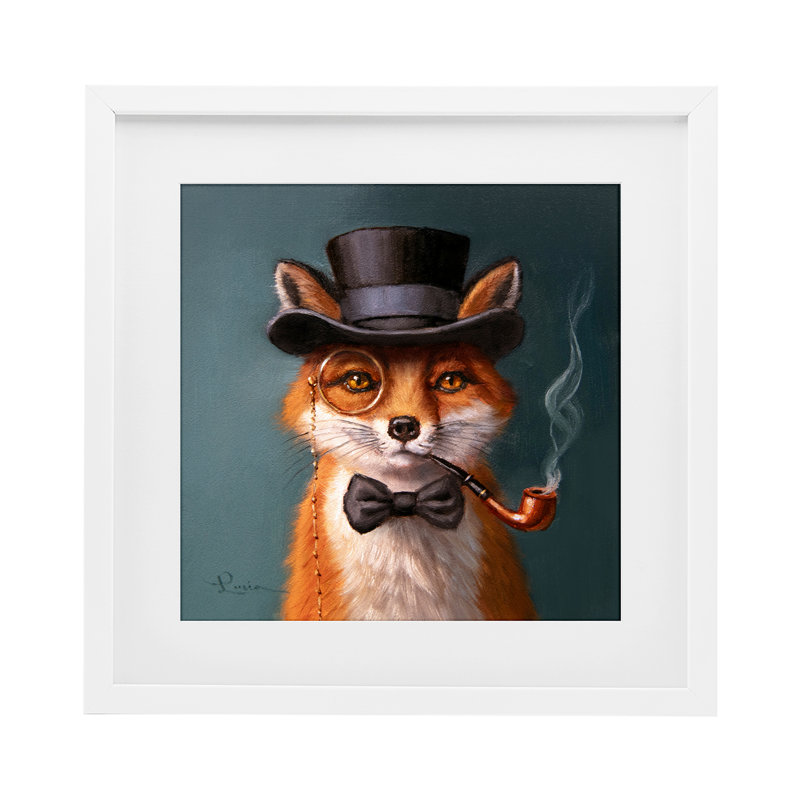 Charmant renard dapper encadré sous verre, design par Lucia Heffernan, H 16 po x l 16 po, Cadre blanc côtier