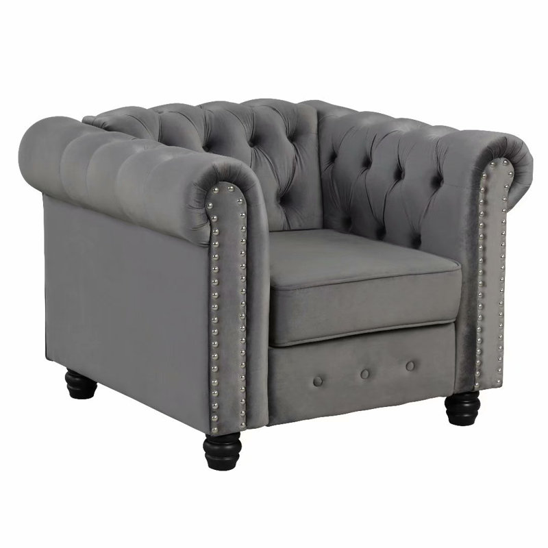 Fauteuil Chesterfield Eisner, Velours gris