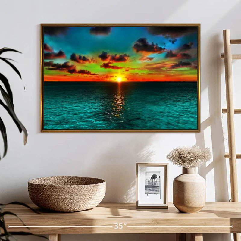 Sunset And Ocean, Floating Frame Gold, 25" X 17"