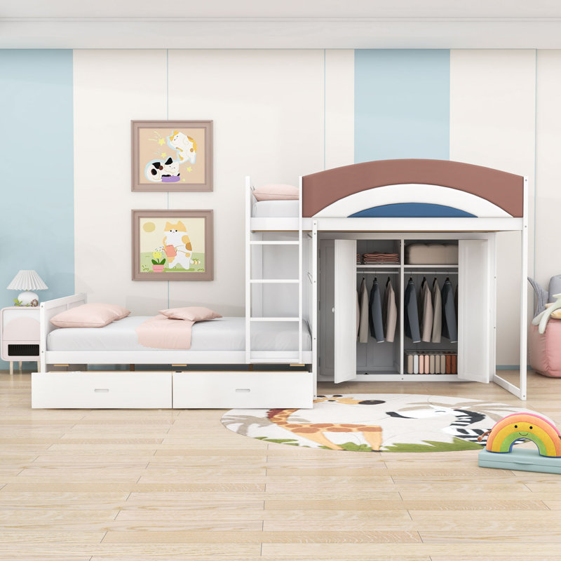Lit superposé double en bois avec garde-robe et tiroirs intégrés, Blanc