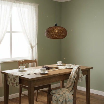 1-Light Dimmable Oval Kitchen Island Pendant Light Handmade Walnut Rattan Double-layer shade