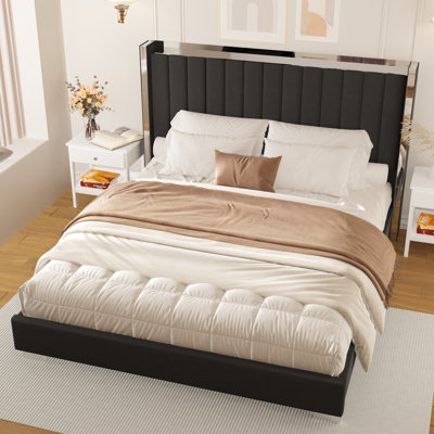 Bed Frame with 58" Tall Headboard, Velvet Upholstered Platform Bed with Channel Tufted Wingback Headboard and Plating Trim, No Box Spring Needed,Beige