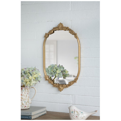 Plateau à miroir décoratif de style rococo avec cadre en fer doré et décorations florales, 22,7 po x 13,6 po