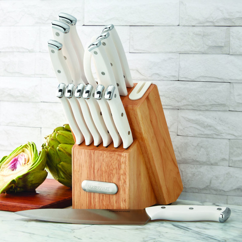 14-Piece White Knife Block Set with Built-In Sharpener