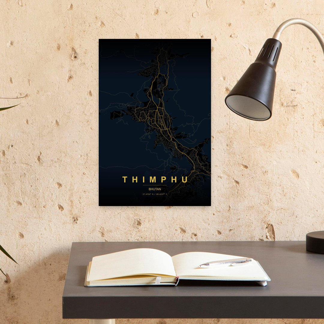 Thimphu Golden Map Abstract Minimalist Modern City Wall Art Print