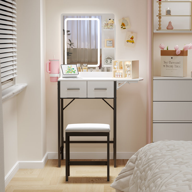 Small Makeup Vanity Set with LED Mirror & Stool, White/Black