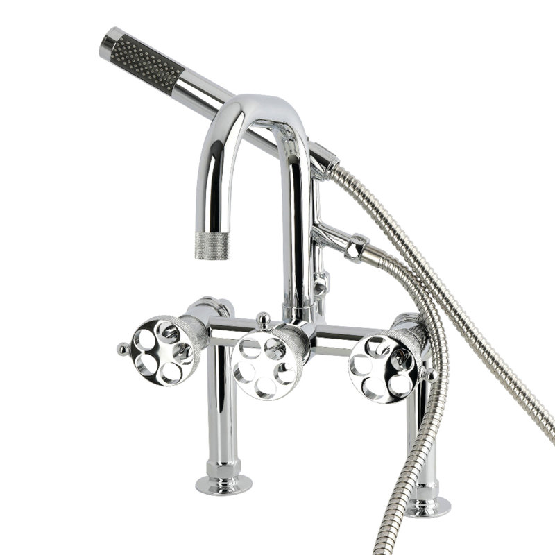 Robinet pour baignoire à pattes à 3 poignées à 2 trous avec poignée moletée et douche à main Kingston Brass Webb, Chrome poli