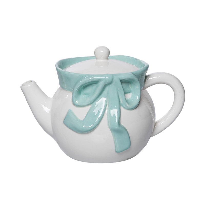 Ceramic Teapot with Mint Bow, White, Ceramic, Table, Kitchen, Easter, Tabletop, Tea Pot