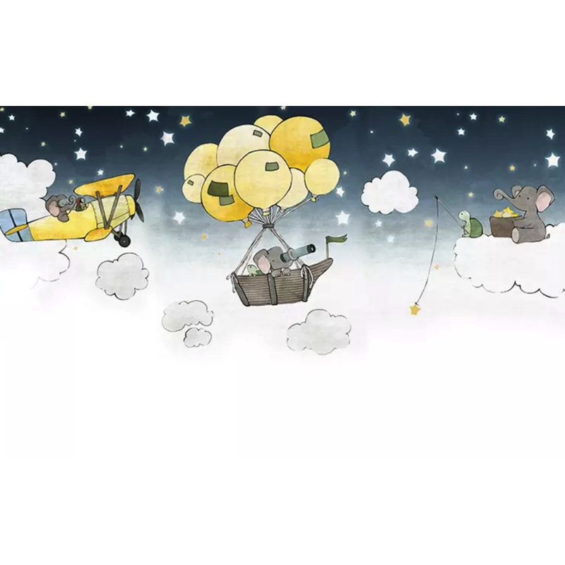 Murale d’éléphant et de ballons à air chaud à dessin animé nightscape Ramah, L 114 po x l 204 po
