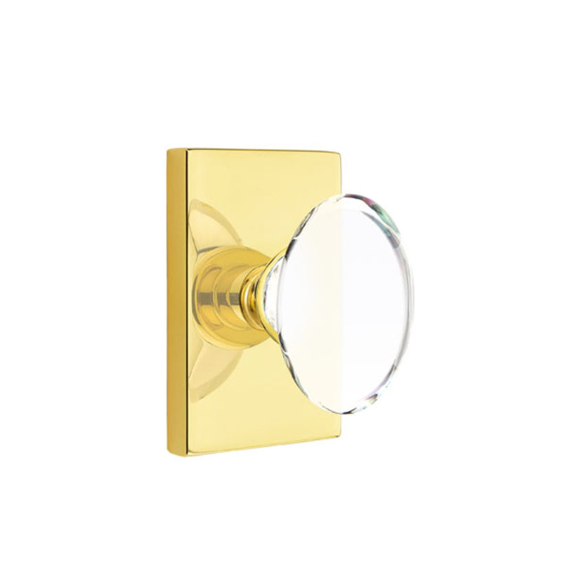 Ensemble de boutons d'intimité Emtek avec rosette rectangulaire moderne et bouton en verre Hampton, Laiton non laqué