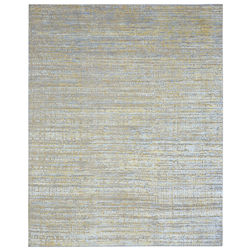 Hand Knotted Striped Area Rug in Gold/Gray/Blue, Rectangle 8' x 10'