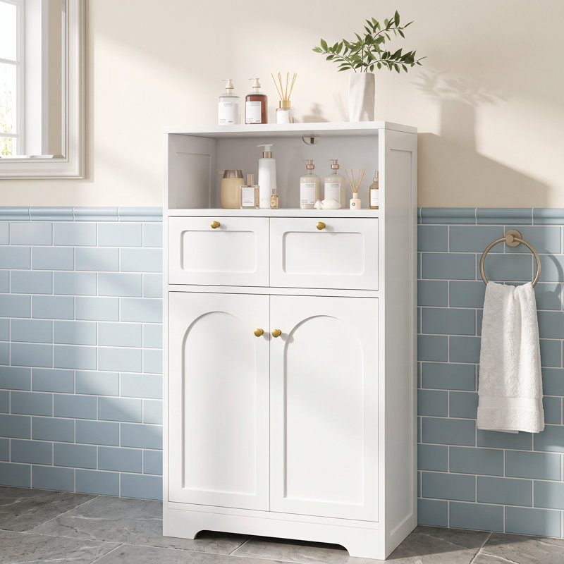 Armoire de salle de bain autoportante avec tablette ouverte 2 portes 2 tiroirs, rangement au sol pour la salle de bain, cuisine
