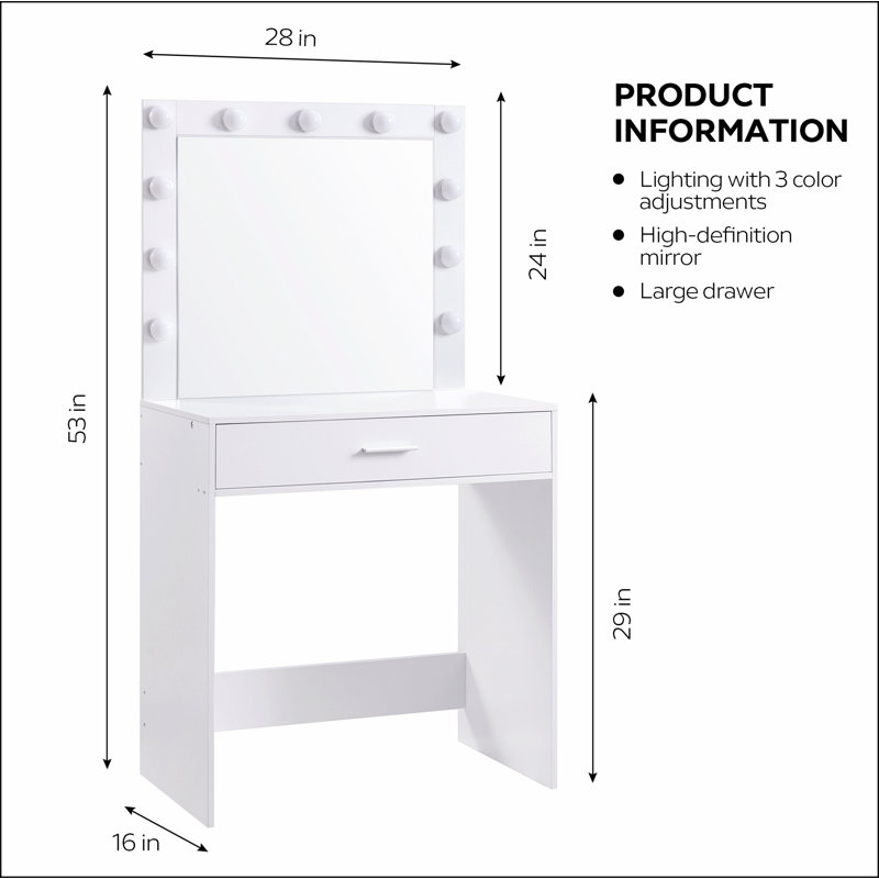 Vanity Desk with Mirror and Lights, Dressing Table with Large Drawer, 1 Level Storage Dresser & 3 Lighting Modes Adjustable Brightness, Suitable for Bedroom