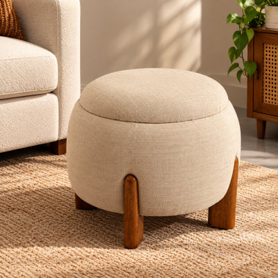Ottoman | Upholstered Round Ottoman | 19.6X19.6X16.9" | Off White Fabric with Mango Wood Legs