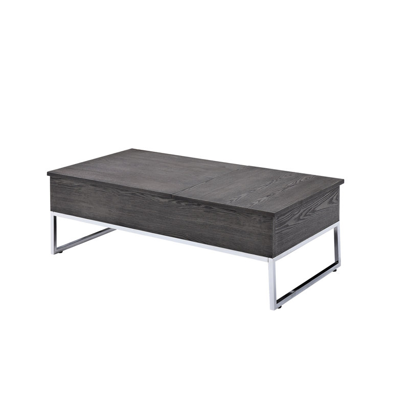 Table basse à plateau relevable rectangulaire en chêne gris - Finition polyvalente et fonctionnelle avec base en métal, compartiment caché pour les bijoux cosmétiques