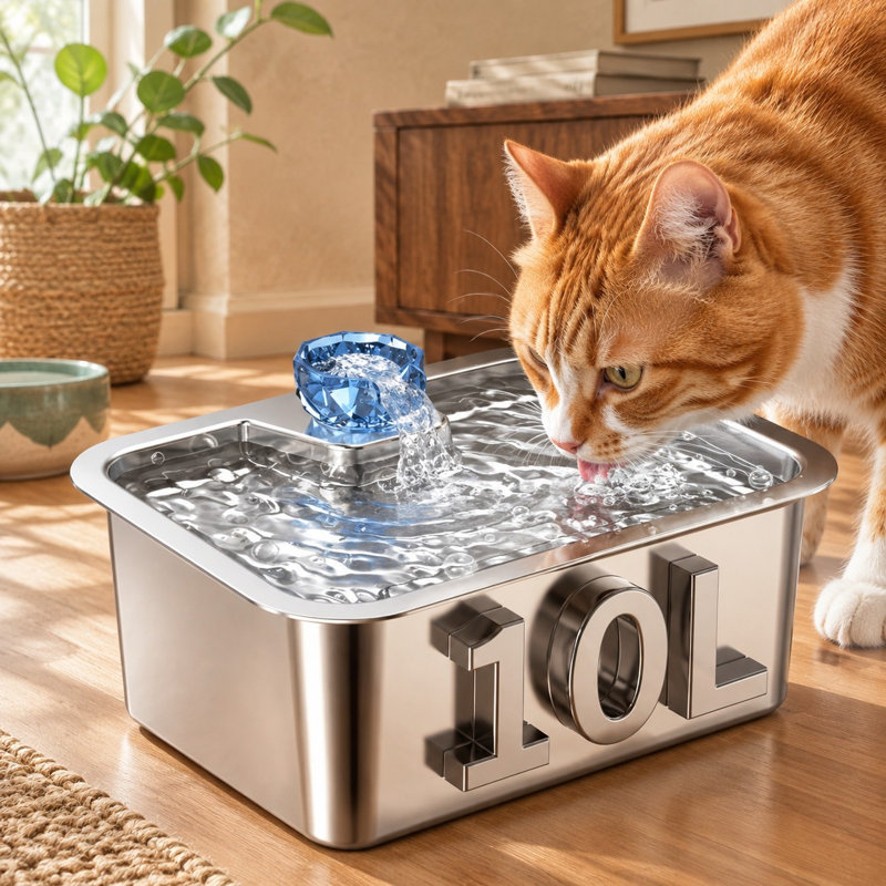 10L Stainless Steel Automatic Pet Fountain for multi-pet homes, supplied with 4 filters and featuring an ultra-quiet pump with circulating water flow.