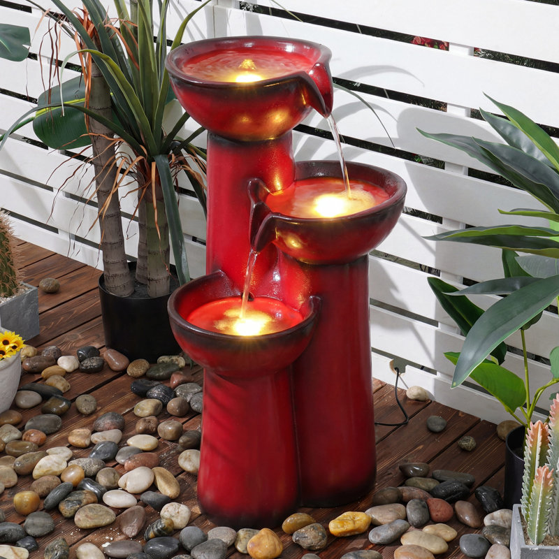27" Modern Water Fountain with LED Lights, Red Resin Column Cascading Waterfall Decor, 3-Tier Weather-Resistant Outdoor Feature