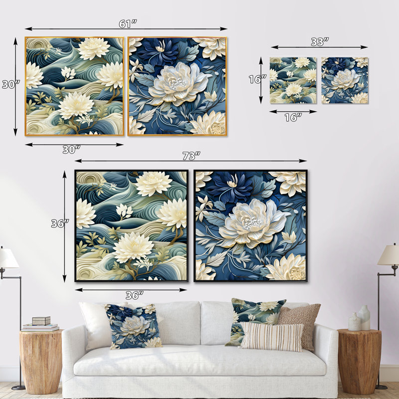 Maiwenn - Ensemble de 2 collages carrés floraux, H 16 po x l 33 po, Toile tendue