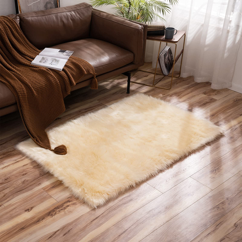 Yellow Shag Faux Sheepskin Fur Rug, Rectangle 3' x 4'