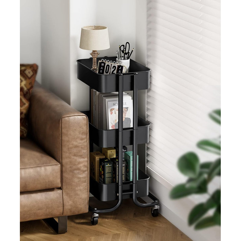 Black 3-Tier Metal Rolling Utility Cart with Casters