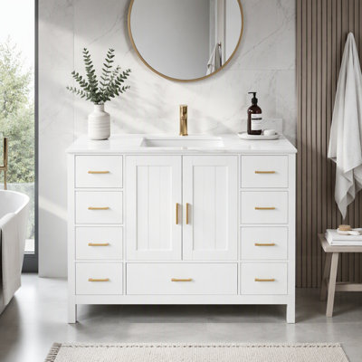 Meuble-lavabo moderne en bois massif avec comptoir en pierre frittée, comptoir de 43 pouces, portes à fermeture en douceur et tiroirs spacieux