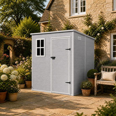 Remise de rangement extérieure en résine de l 6 pi x P 6 pi, remise de patio imperméable avec fenêtre, porte et plancher verrouillables, grande remise en plastique pour jardin, bord de piscine, pelouse, vélo