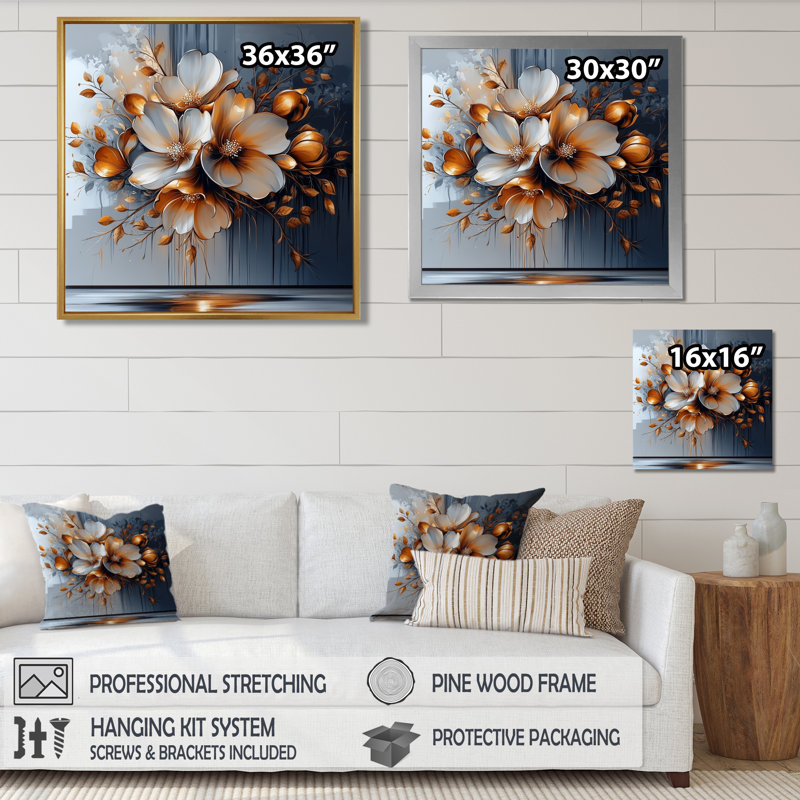Fleur transitionnelle dorée abstraite II - art mural floral abstrait, Impression encadrée flottante, H 16 po x l 16 po, Blanc
