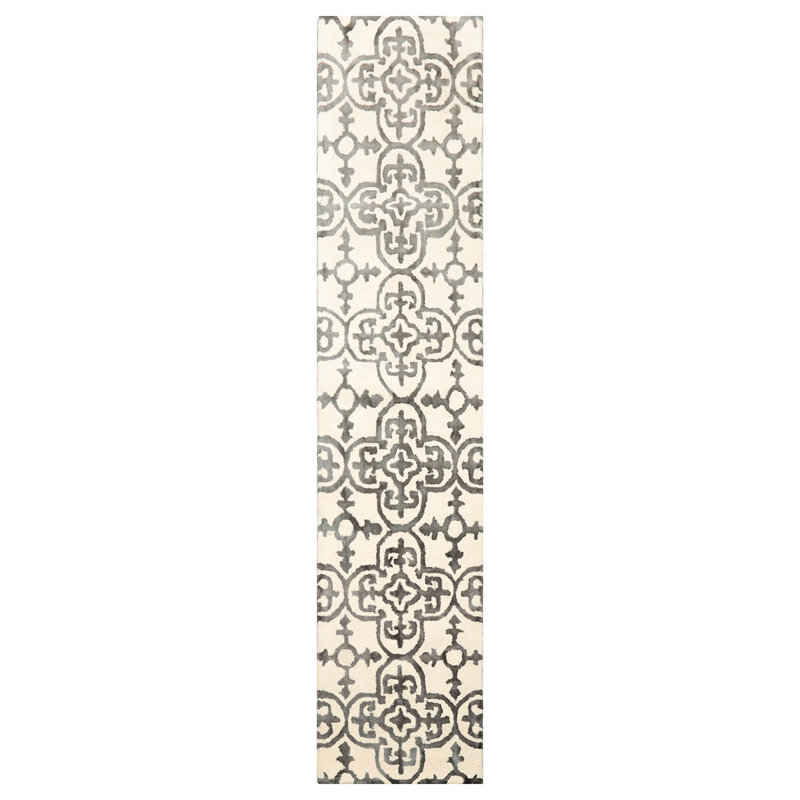 Tapis transitionnel ivoire en laine multicolore touffeté à la main de style oriental, Tapis de couloir 2 pi 3 po x 10 pi