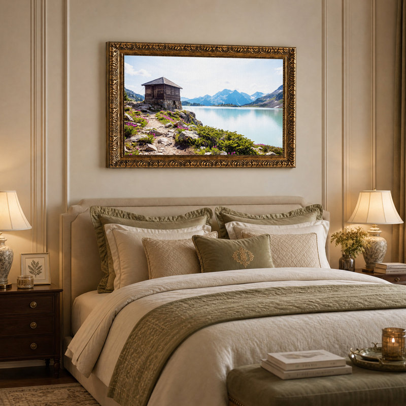 Tableau sur toile représentant un chalet alpin surplombant un lac turquoise et des montagnes, 16"H x 24"W