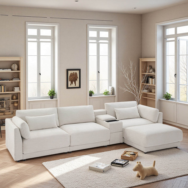 Canapé modulaire de 124 po avec console de rangement et repose-pieds mobile, siège de 33 po de large, canapé en chenille en L de 4 places, canapé confortable réversible avec chargeur USB pour le salon, un appartement