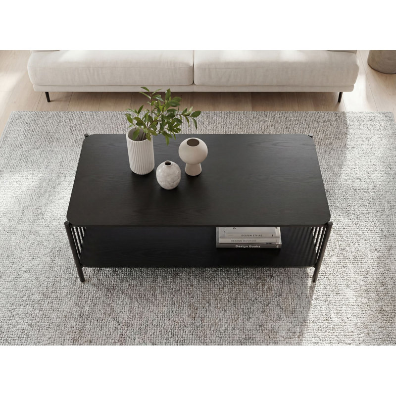 Rectangular Oak-Effect Coffee Table with Storage Shelf and Black Metal Frame, Black, Black