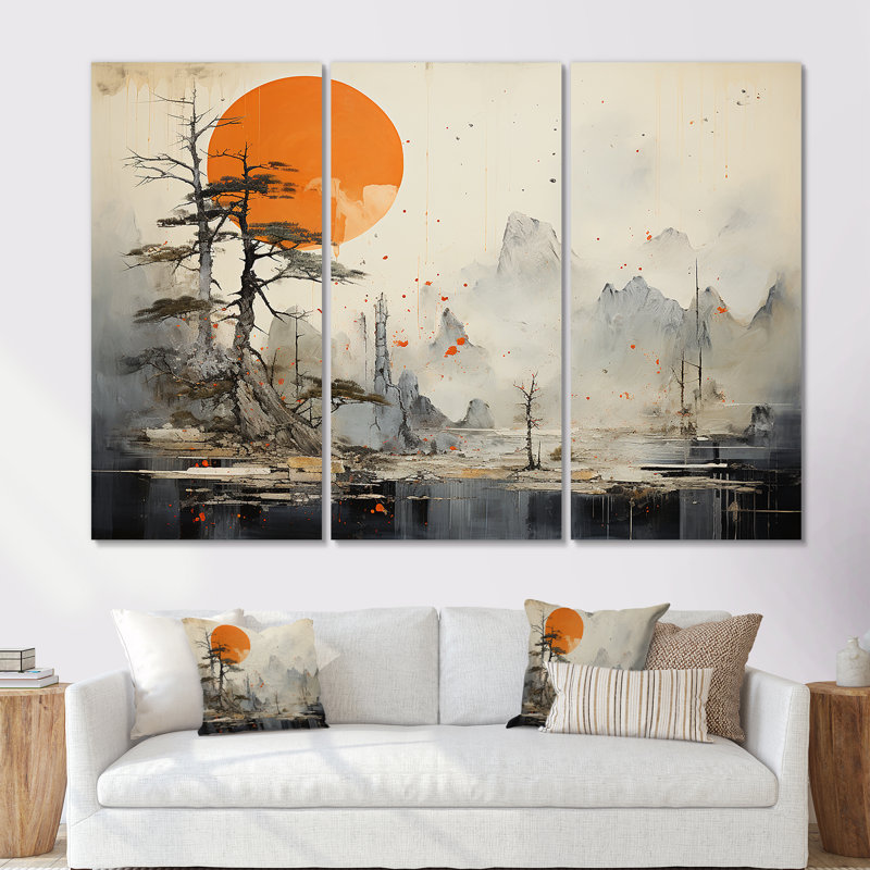 «Bold Sunset China Landscape Collage», ensemble d'art mural chinois, Toile tendue, H 28 po x l 36 po x P 1 po
