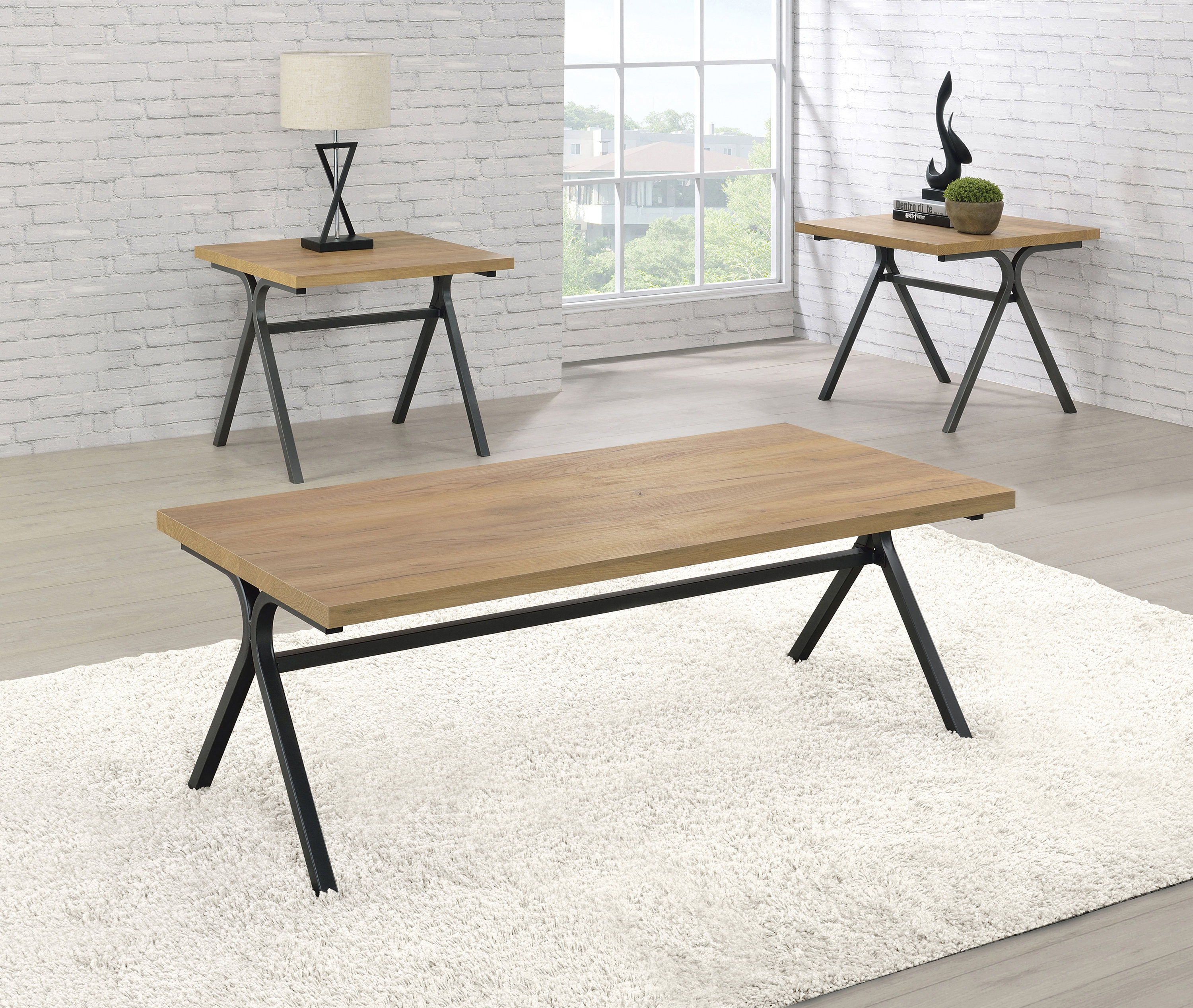 17 Stories Colmar 3-Piece Trestle Occasional Table Set Golden Oak ...