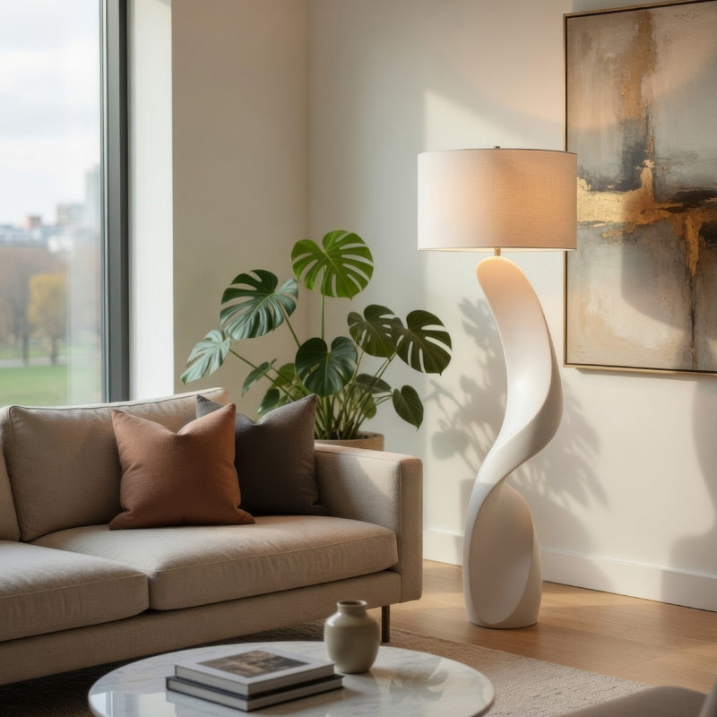 Koz Accent Floor Lamp, 66 Inch Curved Sculpture, White Linen Shade